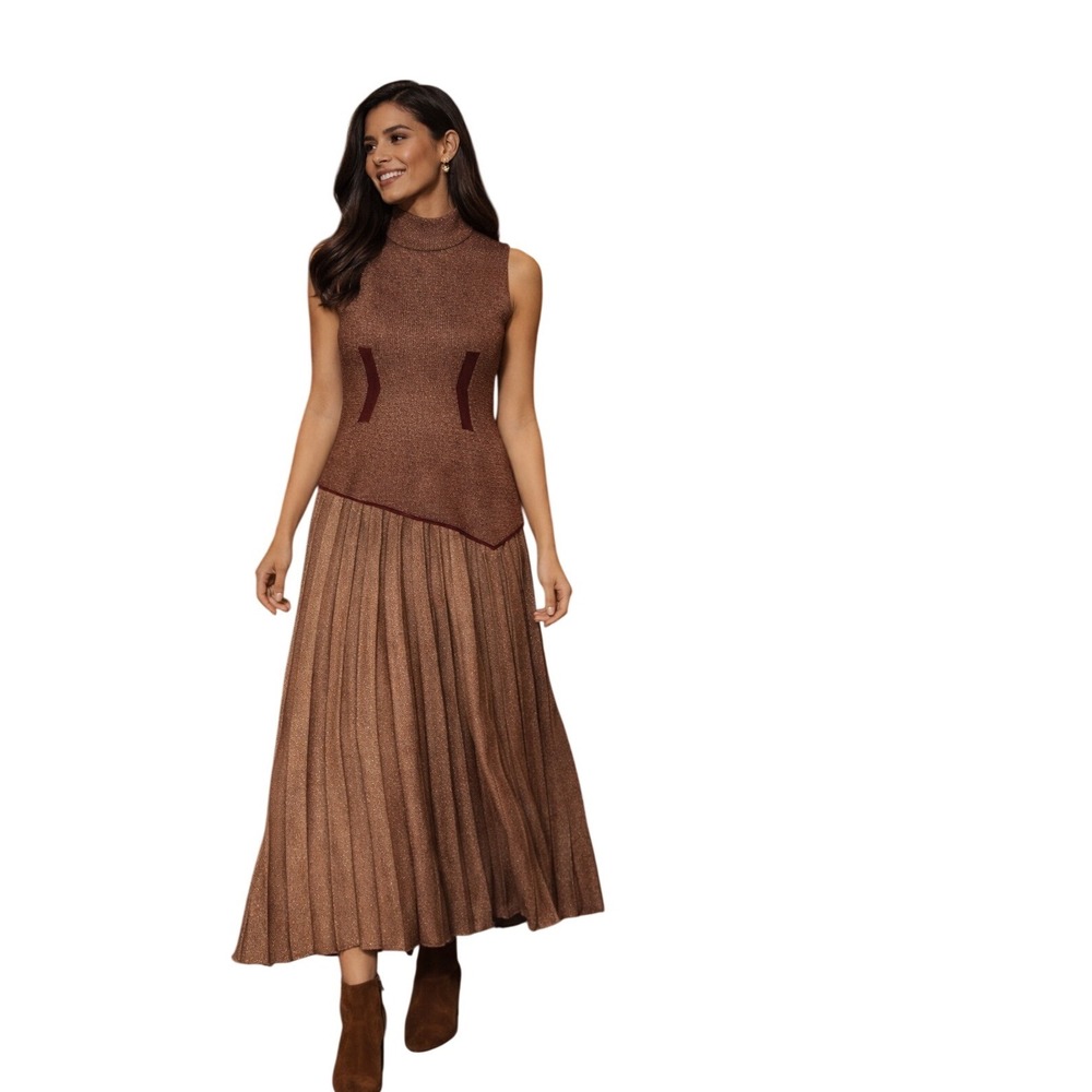 DAGMAR Metallic Knit Mock Neck Sleeveless Pleated Maxi Dress Size M‎